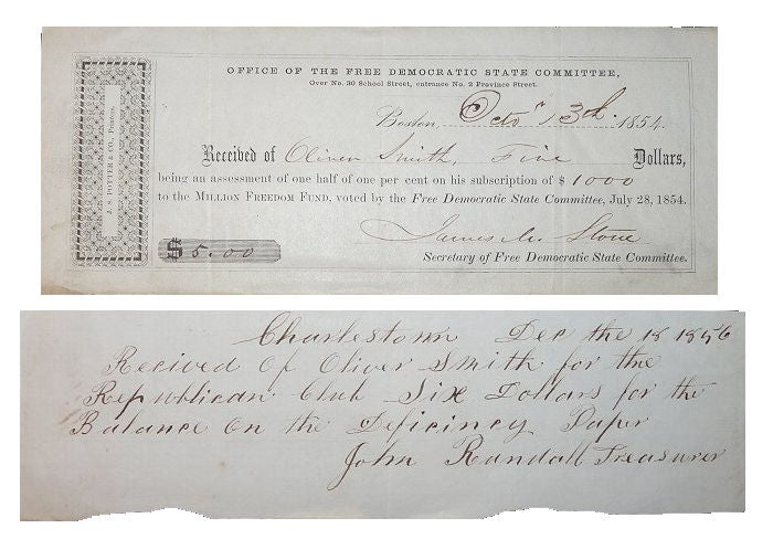 Item #007095 Early Republican Party Receipts - 1854 & 1856. Unlisted.
