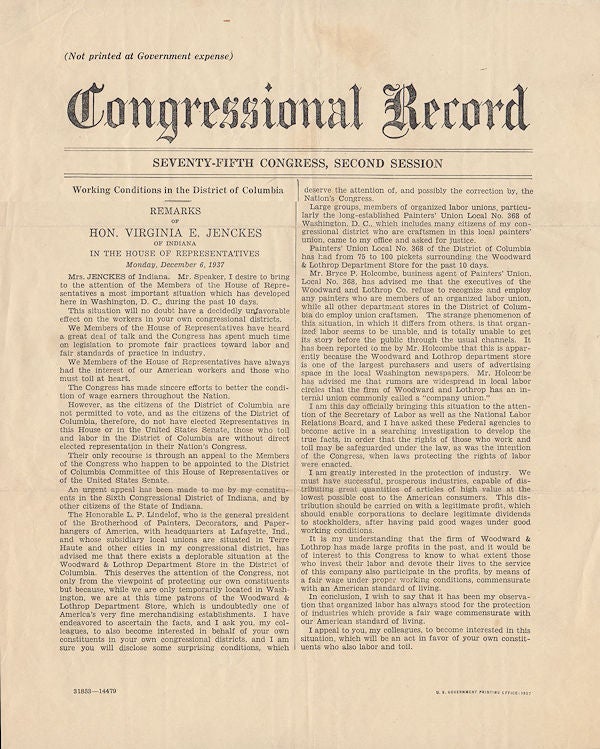 Item #008679 Working Conditions in the District of Columbia. Transcript of a speech given by the Honorable Virginia E. Jenckes as printed in the Congressional Record. Virginia E. Jenckes.