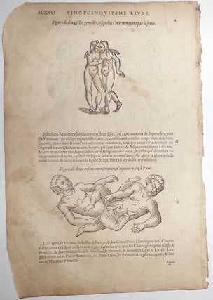 16th-century leaf with four illustrations of conjoined twins from Ambroise Paré’s Monsters