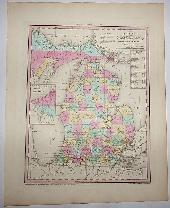 Item #008763 A New Map of Michigan with its Canals, Roads & Distances (Map No. 25 from A New Universal Atlas. . . .). H. S. Tanner, Henry Shenk.