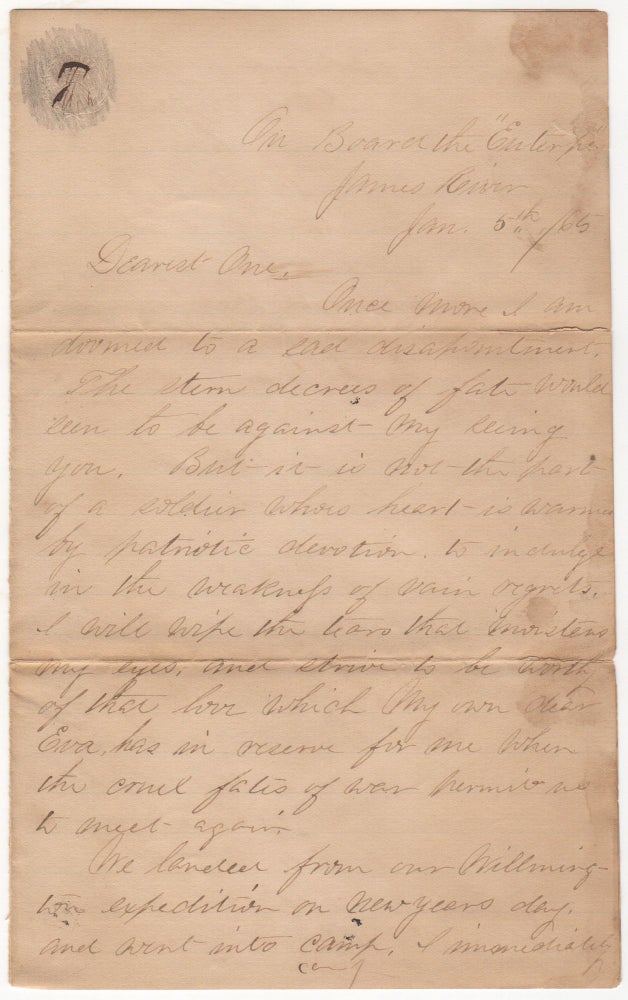 Item #008922 A love-letter from a white officer assigned to the all-African-American 25th Corps as it sailed to attack Fort Fisher in North Carolina for the second time. J. R. Goodard.