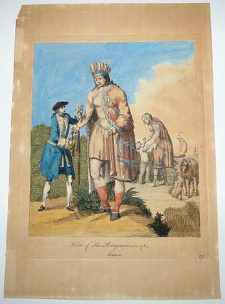 Hand-colored copperplate engraving of the “Habits of The Patagonians in 1764"