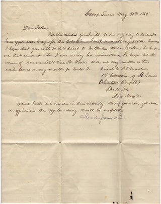One-page Mexican-American War letter from a newly appointed ensign in the Missouri Volunteers as his unit prepared to depart Camp Lucas in Missouri on the Great Platte River Road in route to establishing Fort Kearny for protection of the Oregon Trail.