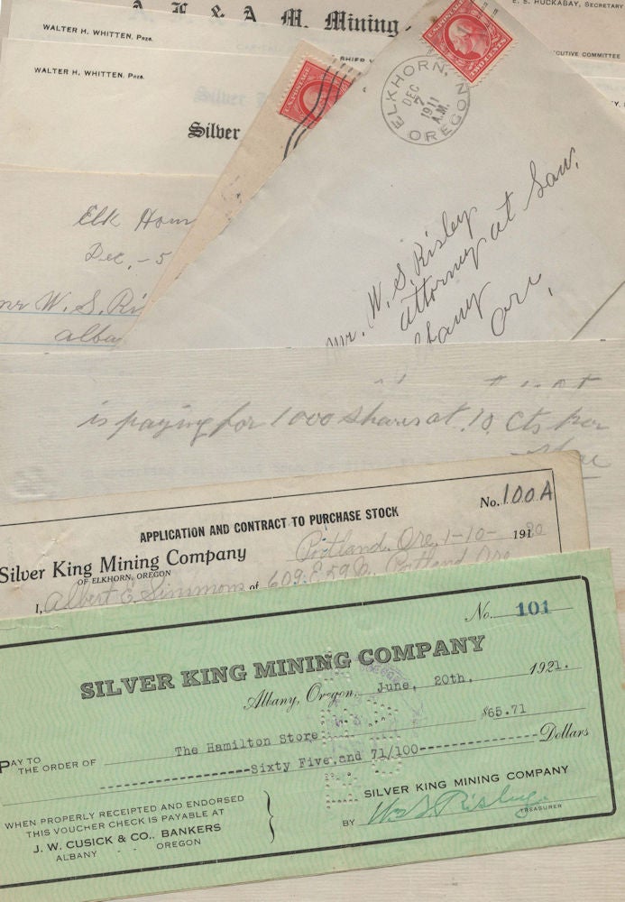 Item #009370 Small archive of materials related to the Silver King Mine. to By, Oregon, or for Mr. W. S. Risley of Albany.
