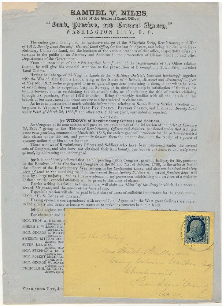 Item #009376 Advertisement for an attorney specializing in obtaining military land patent bounties for veterans and heirs of veterans who had served in the Revolutionary War, War of 1812, Mexican War, an the Indian Wars between 1775 and 1855. Samuel V. Niles.