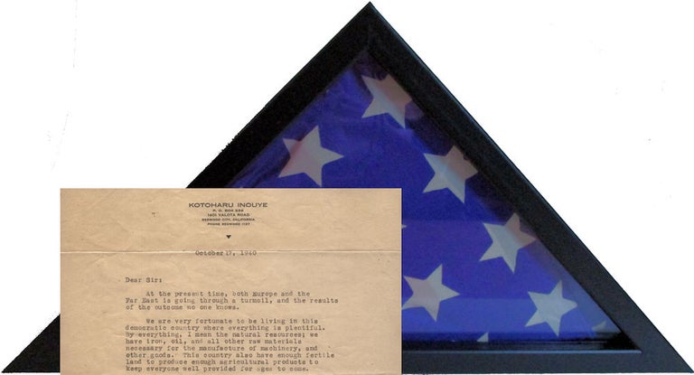 Item #009473 A flag and letter presented to an official or journalist by a California Issei who would later be arrested and incarcerated by the FBI on December 7, 1941. Kobotru Inouye.