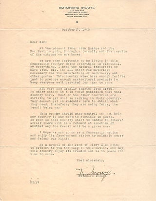 1940 - A flag and letter presented to an official or journalist by a California Issei who would later be arrested and incarcerated by the FBI on December 7, 1941
