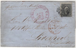 [A BUSINESSMAN IN SAN FRANCISCO INFORMS HIS BROTHER IN GREAT BRITAIN ABOUT THE PENDING COMPLETION OF THE TRANSCONTINENTAL RAILROAD AND ITS IMPLICATIONS FOR CROSS-COUNTRY TRAVEL AND SHIPPING.]; A stamped folded letter from San Francisco to Liverpool, England franked with a black 12-cent E grill stamp and accompanied by a Philatelic Foundation Certificate
