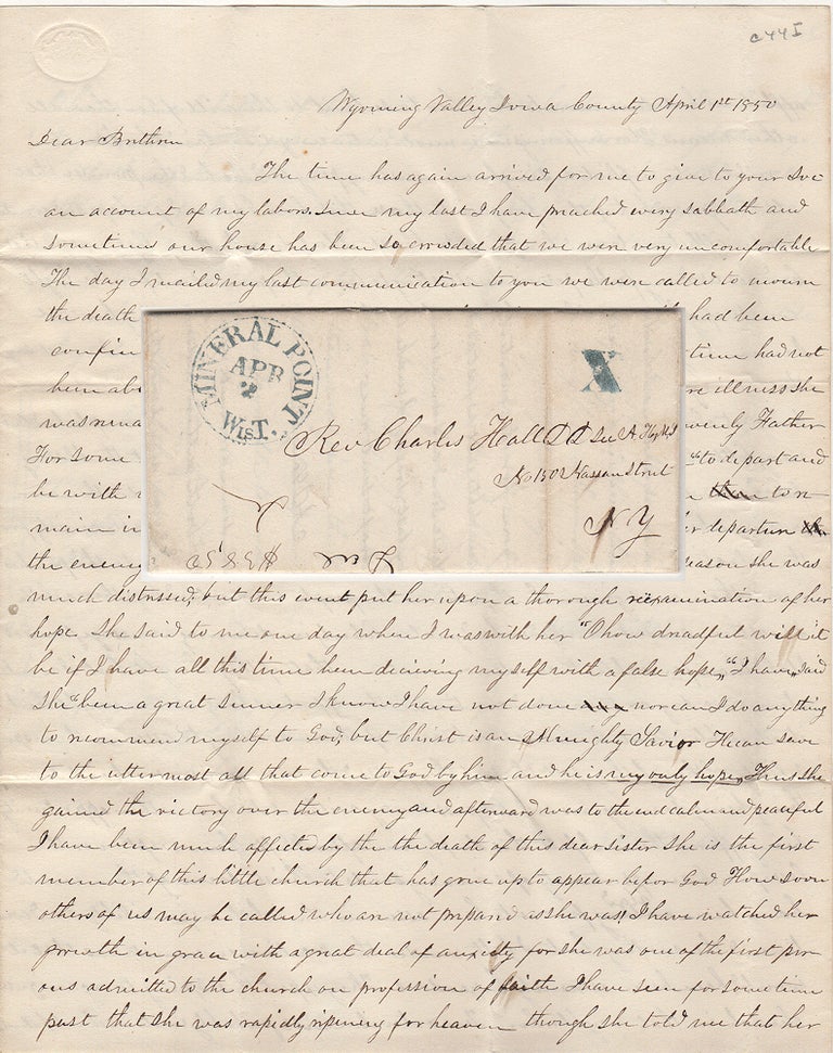 Item #009667 FOLLOWING AN UNSUCCESSFUL REVIVAL, A DISHEARTENED MISSIONARY PREACHER LAMENTS, “AFTER I LEFT THERE I WEPtT OVER THE LOSS OF SUCH AN OPPORTUNITY OF WINNING SOULS TO CHRIST; Letter from a Presbyterian minister in the heart of Wisconsin’s lead-mining district to the secretary of the American Home Missionary Society. A. D. Loughlin.