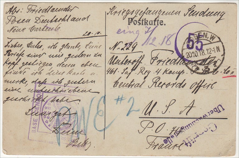 Item #009728 “HOPEFULLY YOU ALREADY HAVE A LOT OF LETTERS AND PARCELS FROM US.” A postcard from home sent to a German prisoner of war held at an American Prisoner of War Enclosure following the Battle of Belleau Wood. Sent to Unterofficier Friedlaender, Sergeant.