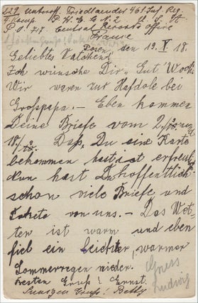 “HOPEFULLY YOU ALREADY HAVE A LOT OF LETTERS AND PARCELS FROM US.” A postcard from home sent to a German prisoner of war held at an American Prisoner of War Enclosure following the Battle of Belleau Wood
