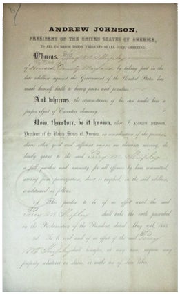 Item #009741 Civil War Presidential Pardon by Andrew Johnson for Perry M. Shipley. Andrew Johnson