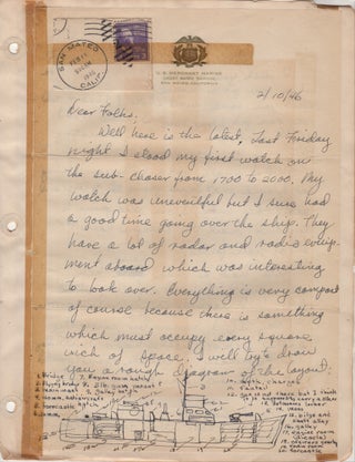 “DEAR FOLKS, WELL HERE IT IS THE END OF THE SECOND DAY AND QUITE A BIT OF WATER HAS GONE OVER THE DAM ALREADY.” Huge four-year correspondence archive from a cadet enrolled at the U.S. Merchant Marine Cadet Basic School at San Mateo, California as it transitioned into U.S. Merchant Marine Academy and consolidated operations at Kings Point, New York