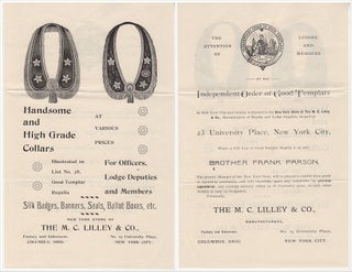 “HANDSOME AND HIGH GRADE COLLARS FOR OFFICERS, LODGE DEPUTIES AND MEMBERS” – A mail-order package of advertising materials for the Independent Order of Good Templars (I.O.G.T.), the most important and successful temperance organization of the 19th century