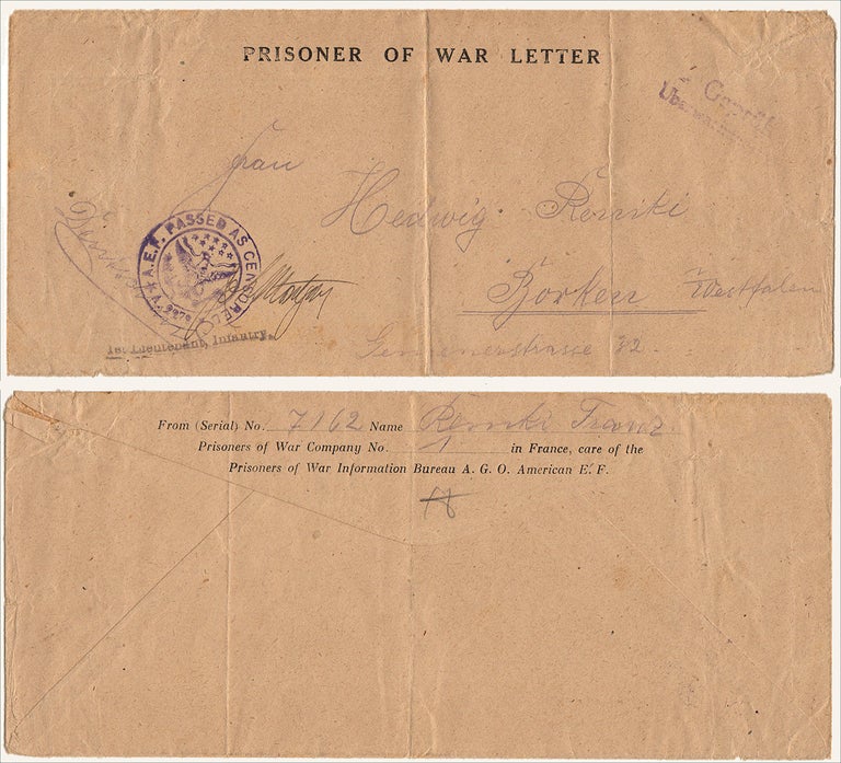 Item #009781 “FROM . . . PRISONER NO 7162 [HELD BY] U.S PRISONER OF WAR COMPANY NO. 1 IN FRANCE.” A legal-size preprinted envelope used by a German POW. Franz Remki.