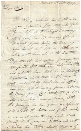 1779 - Revolutionary War funding-status letter from the Commissary-General for the Middle. “Extortion, want of Virtue.