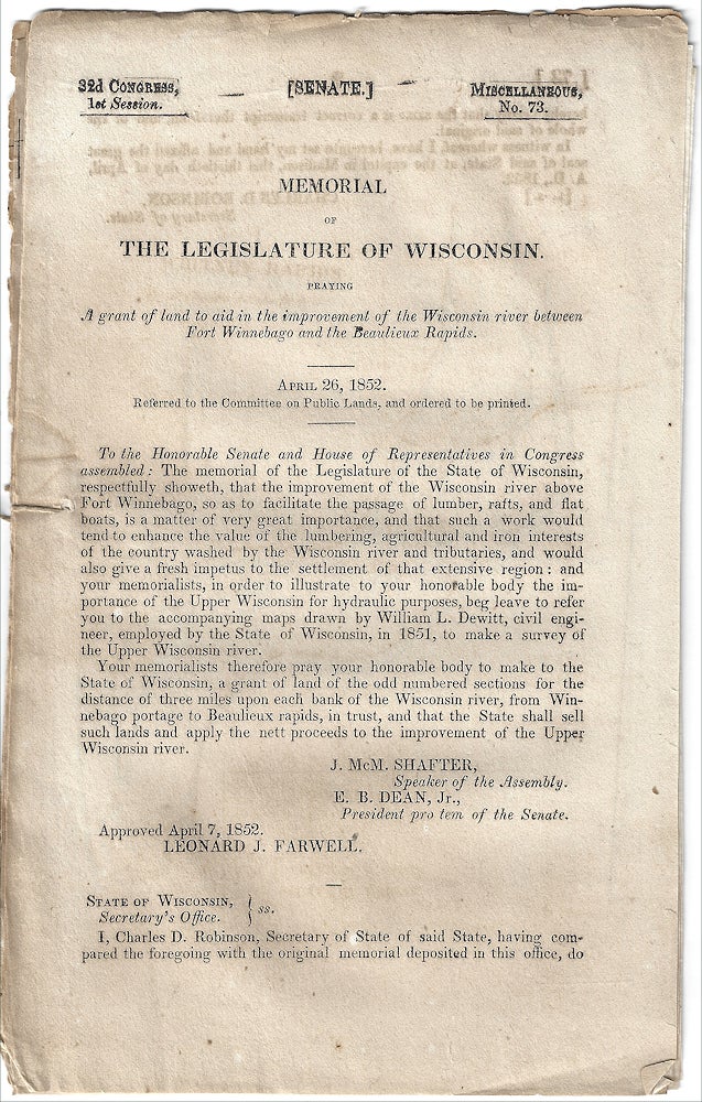 Item #009862 1852 – Congressional pamphlet containing eight maps illustrating different sections of the Wisconsin River. rafts Seven mid-19th century maps showing planned improvements to the Wisconsin river “to facilitate the passage of lumber, flat boats.”.