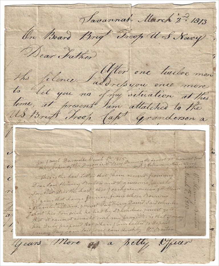 Item #009880 1813-1817 – Three letters related to the War of 1812 naval service and prize money for the capture of two British ships that was posthumously awarded to the son of a Revolutionary War hero who laments his loss while incarcerated in a Vermont debtor’s prison. Harry Barton General William Barton, Jonathan Lillibridge.