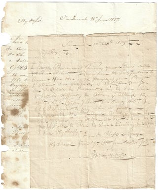 1813-1817 – Three letters related to the War of 1812 naval service and prize money for the capture of two British ships that was posthumously awarded to the son of a Revolutionary War hero who laments his loss while incarcerated in a Vermont debtor’s prison