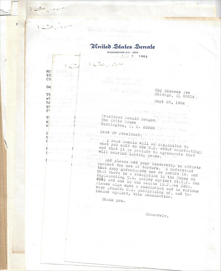 Item #009891 1984-1986 – An archive of letters from a citizen to President Ronald Regan and other politicians urging them to implement policies against “the abomination of torture,” along with responses he received from the State Department, Senator Alan Dixon, Senator Charles Percy, and Congressman Sidney Yates; “Dear Mr. President . . . As you said in a recent speech there should be ‘increased respect for human rights everywhere. . .. I know you are promoting democracy which make societies in which torture is unlikely. But it is now, in many countries, by government.”. Ralph E. Works.