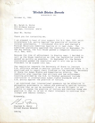 1984-1986 – An archive of letters from a citizen to President Ronald Regan and other politicians urging them to implement policies against “the abomination of torture,” along with responses he received from the State Department, Senator Alan Dixon, Senator Charles Percy, and Congressman Sidney Yates; “Dear Mr. President . . . As you said in a recent speech there should be ‘increased respect for human rights everywhere. . .. I know you are promoting democracy which make societies in which torture is unlikely. But it is now, in many countries, by government.”