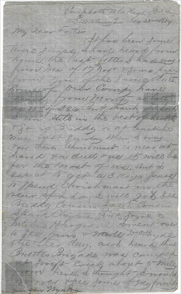 Item #009940 1864 – Letter from a Confederate soldier in the 60th Alabama Infantry Regiment at Petersburg, Virginia reporting on desertions from his unit and the probable execution of one soldier caught in an attempt.