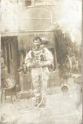 1904 – Two cabinet card photographs of a wrecking steamer’s crew including its deep-sea diver.