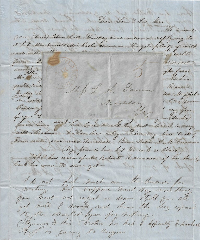 Item #009998 Circa 1851-1857 – Letter sent via the Augusta & Atlanta Rail Road (later the Georgia Rail Road and Banking Company) regarding the delay of a visit home because the family and its enslaved workers had contracted Scarlet Fever. A. M. Fannin.