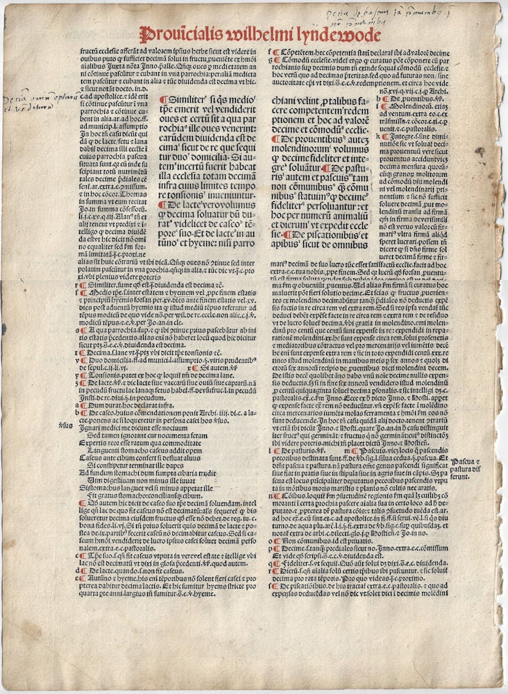 Item #010022 Leaf from Provinciale Seu Constitutiones Angllie (Principal English Treatise on Canon Law). William Lyndewood.