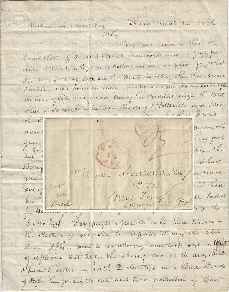 Item #010024 1836 – Letter regarding the disputed ownership of a Schuylkill Canal boat. Isaac Koons to William Swetland.