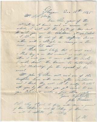 1845 – Letter from a wealthy Missouri landowner informing a boarding school headmaster that he will have one of his enslaved workers pick up his daughters for Christmas vacation by carriage or sleigh