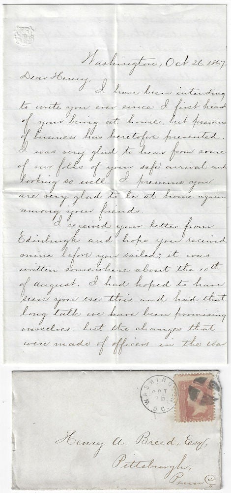 Item #010044 1867 – A letter from an officer in the War Department describing the turmoil caused by President Johnson’s firing of Secretary of War Edwin Stanton and appointment of General Grant to temporarily fill the position, an act which led to his impeachment by Radical Republicans in the House of Representatives. William Atwoo.