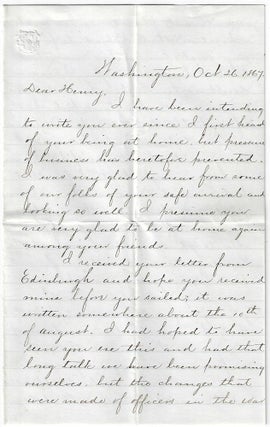 1867 – A letter from an officer in the War Department describing the turmoil caused by President Johnson’s firing of Secretary of War Edwin Stanton and appointment of General Grant to temporarily fill the position, an act which led to his impeachment by Radical Republicans in the House of Representatives.