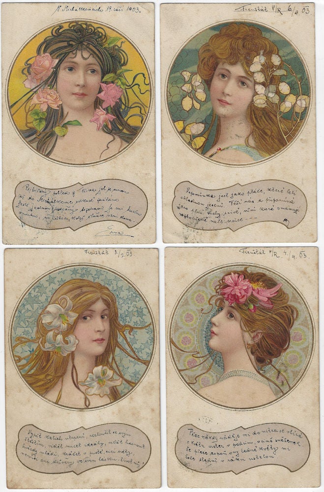 Item #010050 1903 – Set of four art nouveau, female portrait postcards by the California-Czech artist, Emil Kosa, produced while he was an assistant to his famed mentor, Alphonse Mucha. Emil Kosa Sr.