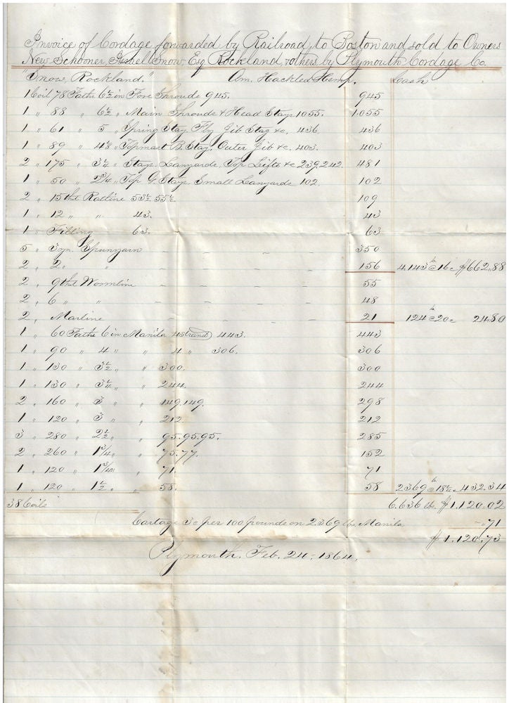 Item #010075 1864 – Manuscript invoice to the largest shipbuilder in New England from the largest rope maker in the world totaling $1,120 (over $21,600 in today's money)