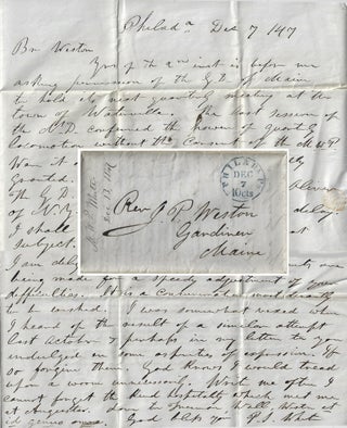 1847 – Circular addressing a conflict between the “Grand and Subordinate Division of Maryland” and National Division of the Sons of Temperance which was sent to a “Brother” in Maine with a cover letter discussing the location of the society’s next quarterly meeting