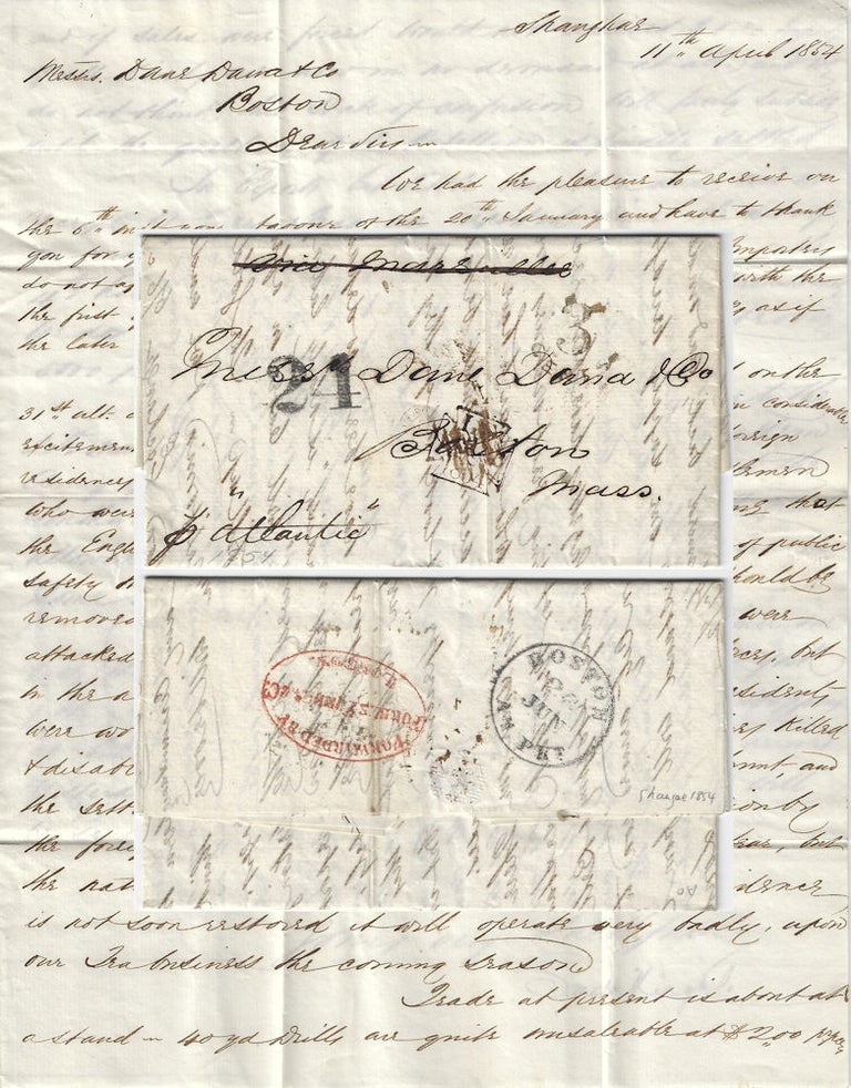 Item #010102 1854 – Letter from a tea merchant in China reporting details about the first attack by Imperial Chinese forces upon the international community at Shanghai and its decisive defeat by an ad hock amalgam of Anglo-American military units and Shanghai Volunteers. King Smith, Company.