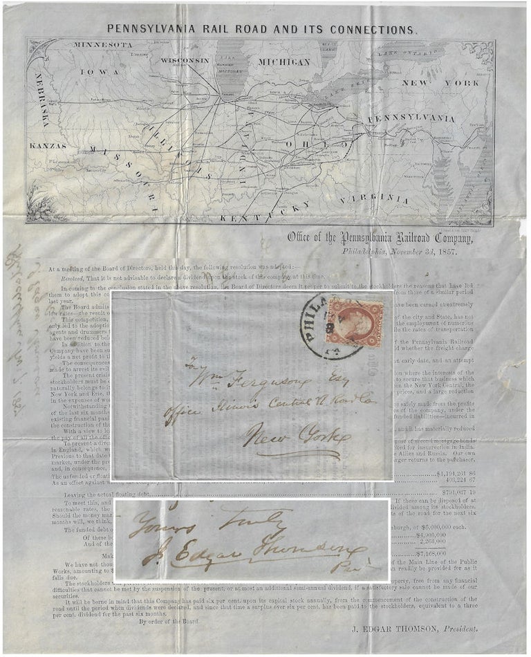 Item #010103 1857 – A letter from the President of the Pennsylvania Railroad to the British agent for the Illinois Central Railroad regarding the payment of dividends written on an exceptionally rare, illustrated letter stationery illustrated with a map of the system and containing a printed shareholder circular. J. EDGAR THOMSON.
