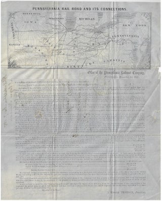 1857 – A letter from the President of the Pennsylvania Railroad to the British agent for the Illinois Central Railroad regarding the payment of dividends written on an exceptionally rare, illustrated letter stationery illustrated with a map of the system and containing a printed shareholder circular