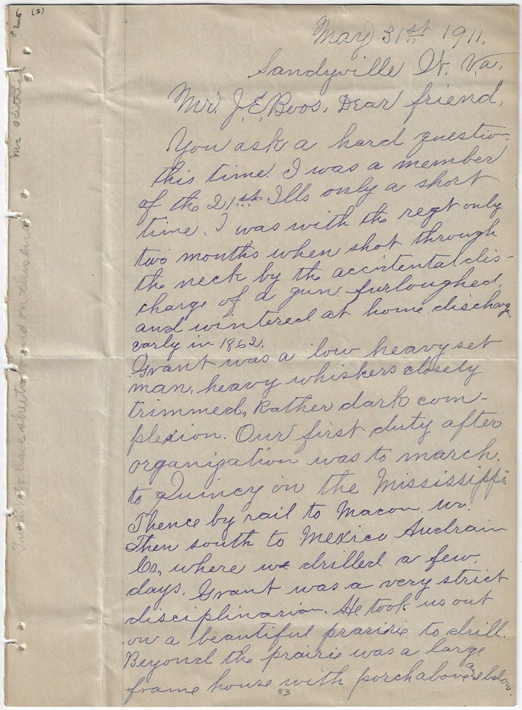 Item #010107 1861 (1911) – A veteran of the 21st Illinois Volunteer Infantry provides first-hand personal observations about Ulysses S. Grant’s earliest Civil War service as the colonel commanding that regiment. A. C. McKitrick.