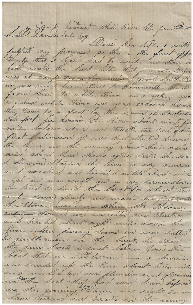 Item #010109 1862 – Letter from a Texas soldier describing his part the riverine battle for control of the White River in Arkansas. Corporal James J. Scales.