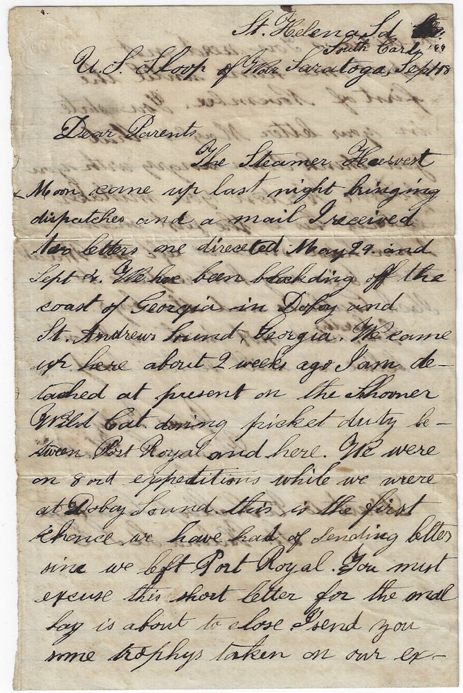Item #010114 1864 – Letter from a sailor with the Union’s South Atlantic Blockading Squadron reporting he and his shipmates had conducted eight or nine land raids into coastal Georgia. Thomas G. Hall.