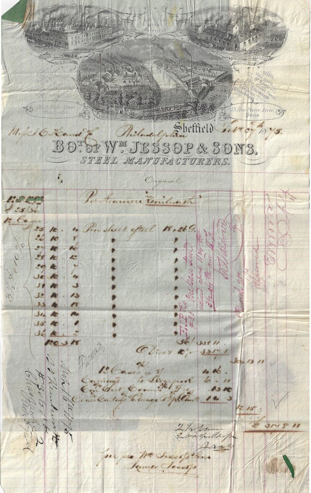 Item #010118 1875 – An impressive invoice from the preeminent English steelworks to a Philadelphia bed and furniture factory. William Jessop, Sons.