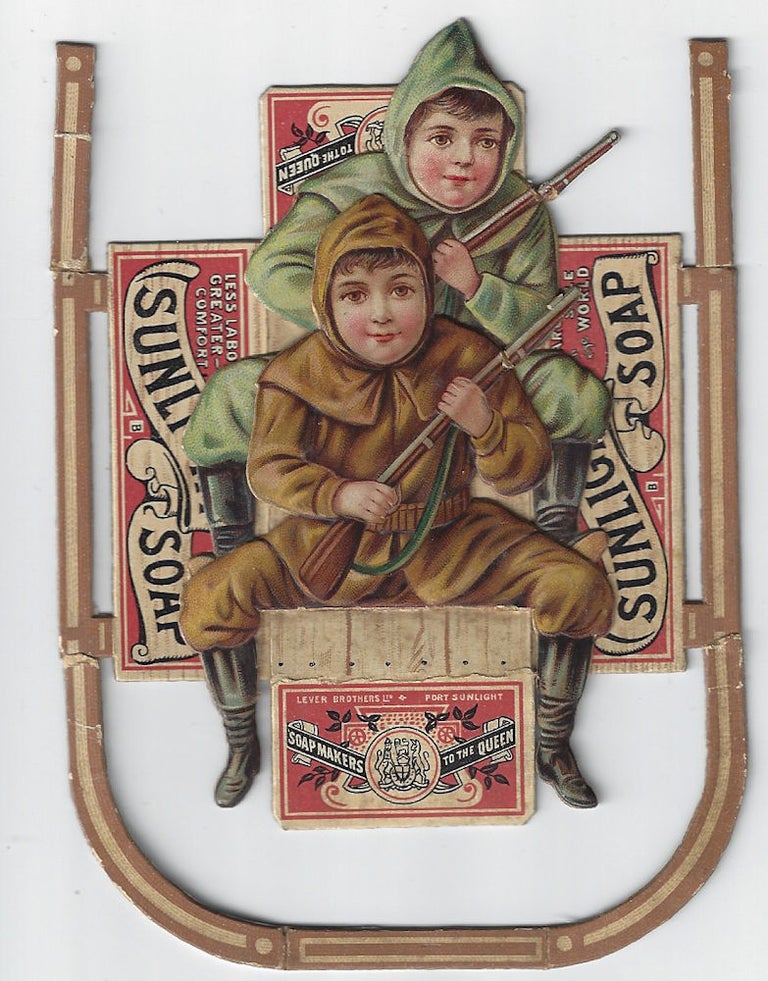 Item #010125 c1895 - Colorful three-dimensional die-cut Sunlight Soap trade card featuring two young boys with their small caliber rifles riding on a sled made from an empty case of soap powder