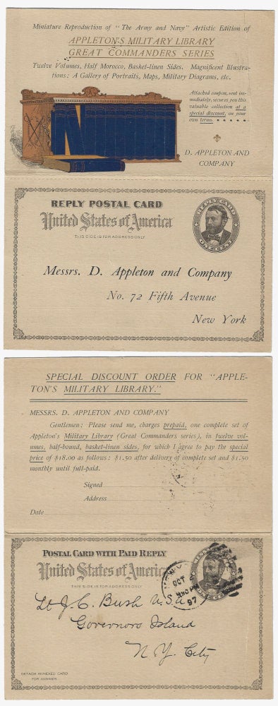 Item #010126 1897 – Complete, unsevered paid-reply postal card set with a multi-color advertisement for Appleton’s Military Library Great Commanders Series. D. Appleton and Company.