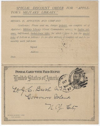1897 – Complete, unsevered paid-reply postal card set with a multi-color advertisement for Appleton’s Military Library Great Commanders Series