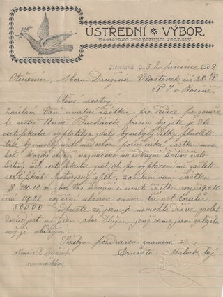 1899 – Letter regarding the settlement of a benevolent association insurance policy following the death of a Czech immigrant