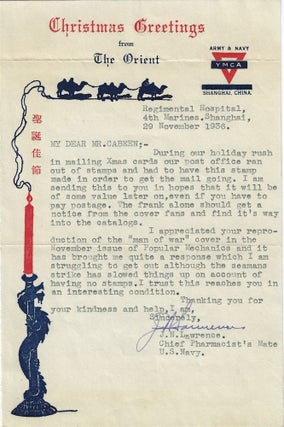 1936 – Christmas Greetings letter from the 4th Marine Regiment in Shanghai that bears two uncommon auxiliary handstamps as a result of the Pacific Coast dock strike of 1936