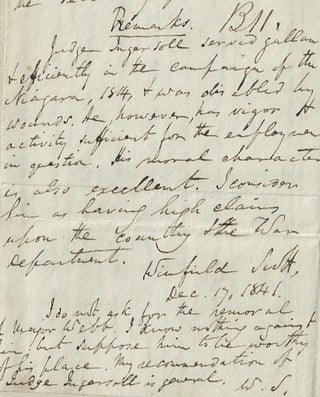 1841 – Letter signed by Winfield Scott forwarding his endorsement of a disabled War of 1812...