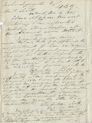 1841 – Letter signed by Winfield Scott forwarding his endorsement of a disabled War of 1812 veteran’s request to be appointed as the Military Store Keeper of Detroit